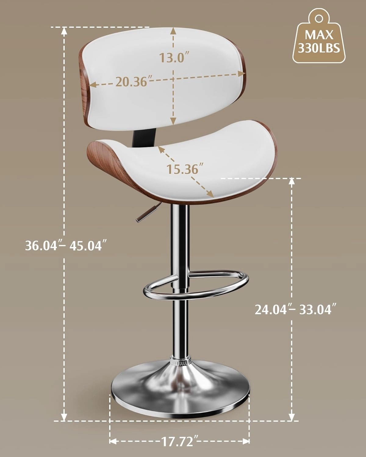 Bar Stools Set of 2, Adjustable Swivel Leather Bar Stools for Kitchen Island, Mid Century Modern Counter Height Bar Chairs Barstools with Back & Footrest (White)