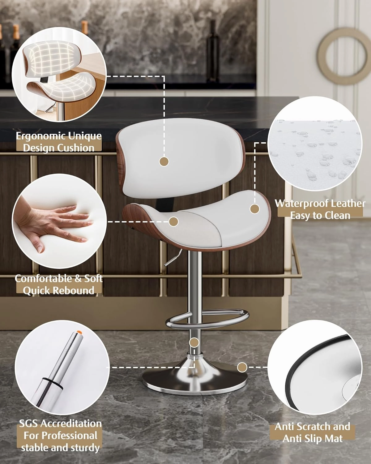 Bar Stools Set of 2, Adjustable Swivel Leather Bar Stools for Kitchen Island, Mid Century Modern Counter Height Bar Chairs Barstools with Back & Footrest (White)