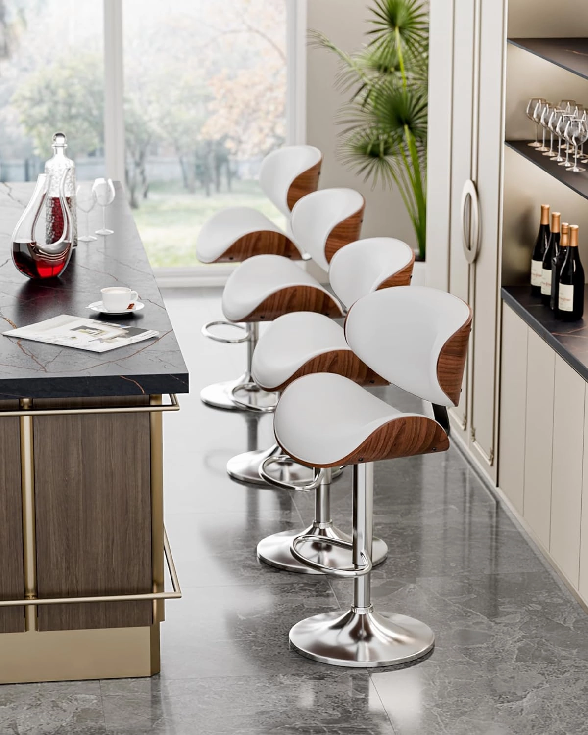 Bar Stools Set of 2, Adjustable Swivel Leather Bar Stools for Kitchen Island, Mid Century Modern Counter Height Bar Chairs Barstools with Back & Footrest (White)