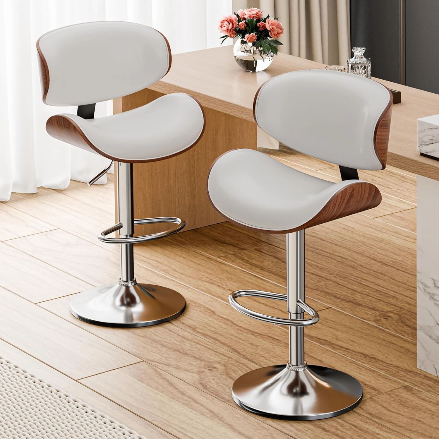 Bar Stools Set of 2, Adjustable Swivel Leather Bar Stools for Kitchen Island, Mid Century Modern Counter Height Bar Chairs Barstools with Back & Footrest (White)