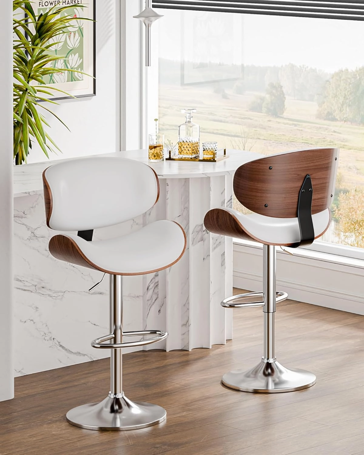 Bar Stools Set of 2, Adjustable Swivel Leather Bar Stools for Kitchen Island, Mid Century Modern Counter Height Bar Chairs Barstools with Back & Footrest (White)
