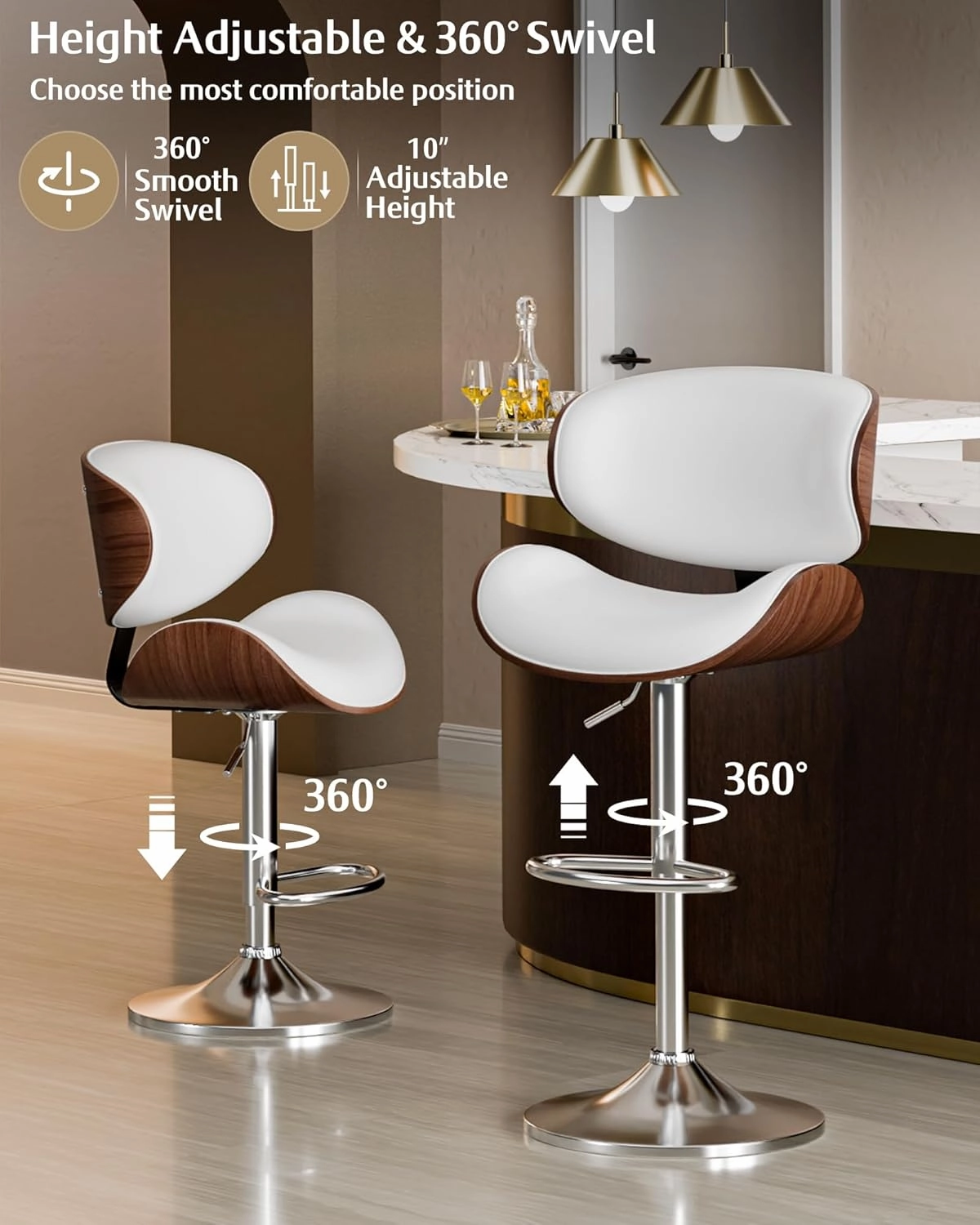 Bar Stools Set of 2, Adjustable Swivel Leather Bar Stools for Kitchen Island, Mid Century Modern Counter Height Bar Chairs Barstools with Back & Footrest (White)