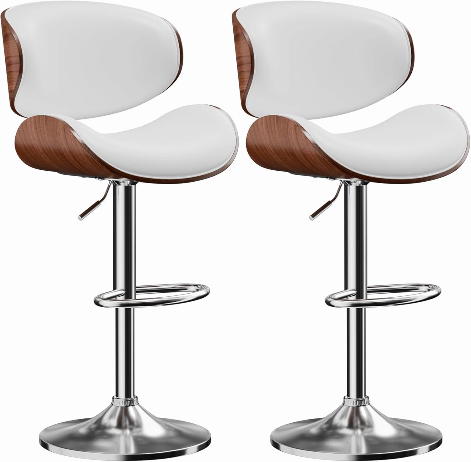 Bar Stools Set of 2, Adjustable Swivel Leather Bar Stools for Kitchen Island, Mid Century Modern Counter Height Bar Chairs Barstools with Back & Footrest (White)