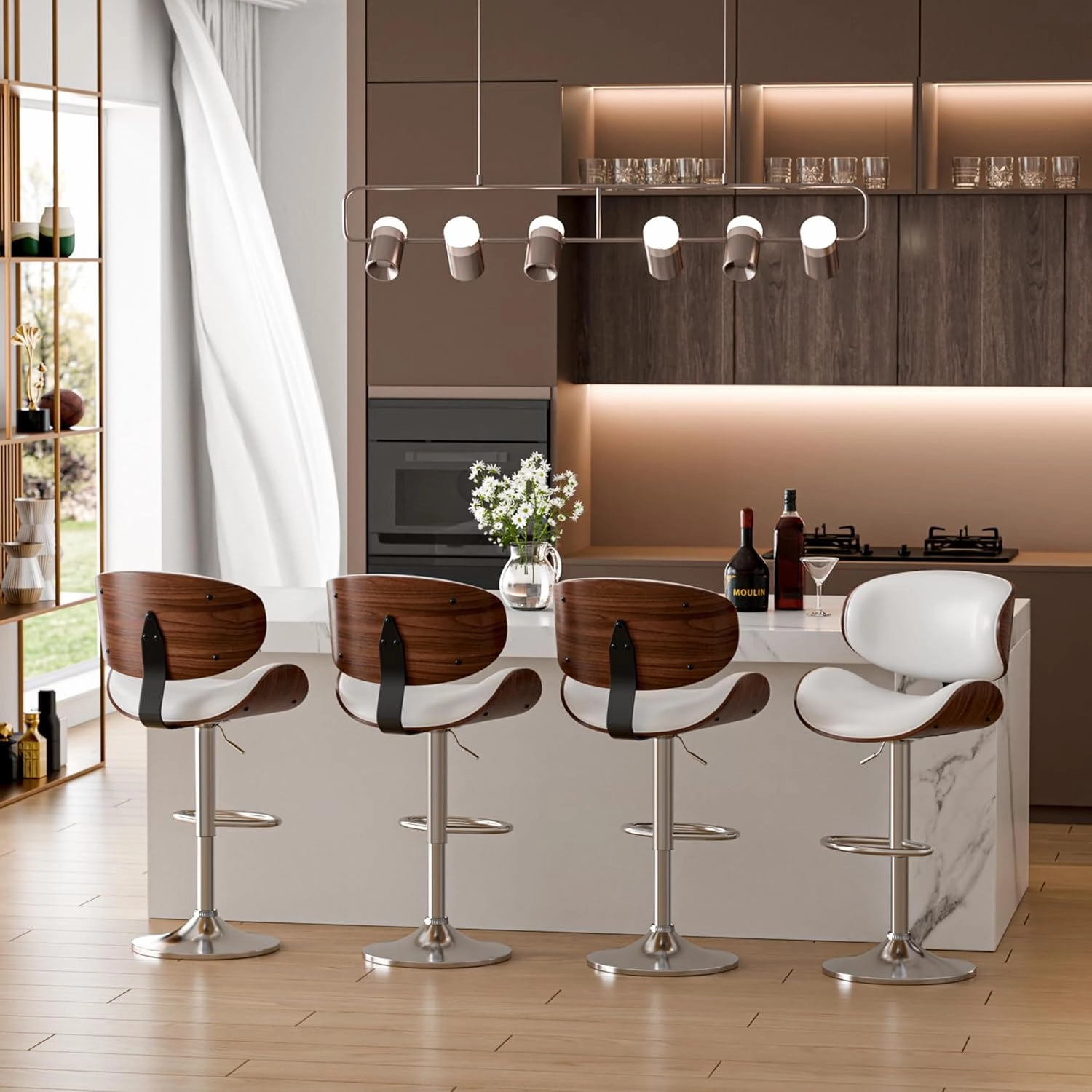 Bar Stools Set of 2, Adjustable Swivel Leather Bar Stools for Kitchen Island, Mid Century Modern Counter Height Bar Chairs Barstools with Back & Footrest (White)