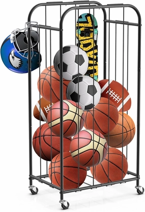 Basketball Storage Rack Metal Ball Holder with Wheels, Elastic Rope Sports Equipment Organizer for Garage, Room, Home, Gym and School Rolling Sports Ball Storage Cart