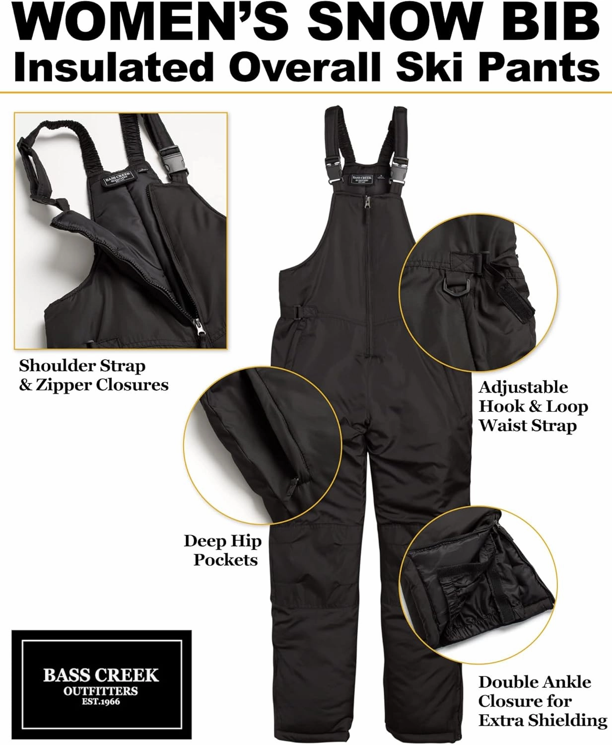 Bass Creek Outfitters Women’s Ski Pants - Insulated Waterproof Snow Bib Overalls (Size: S-3X)