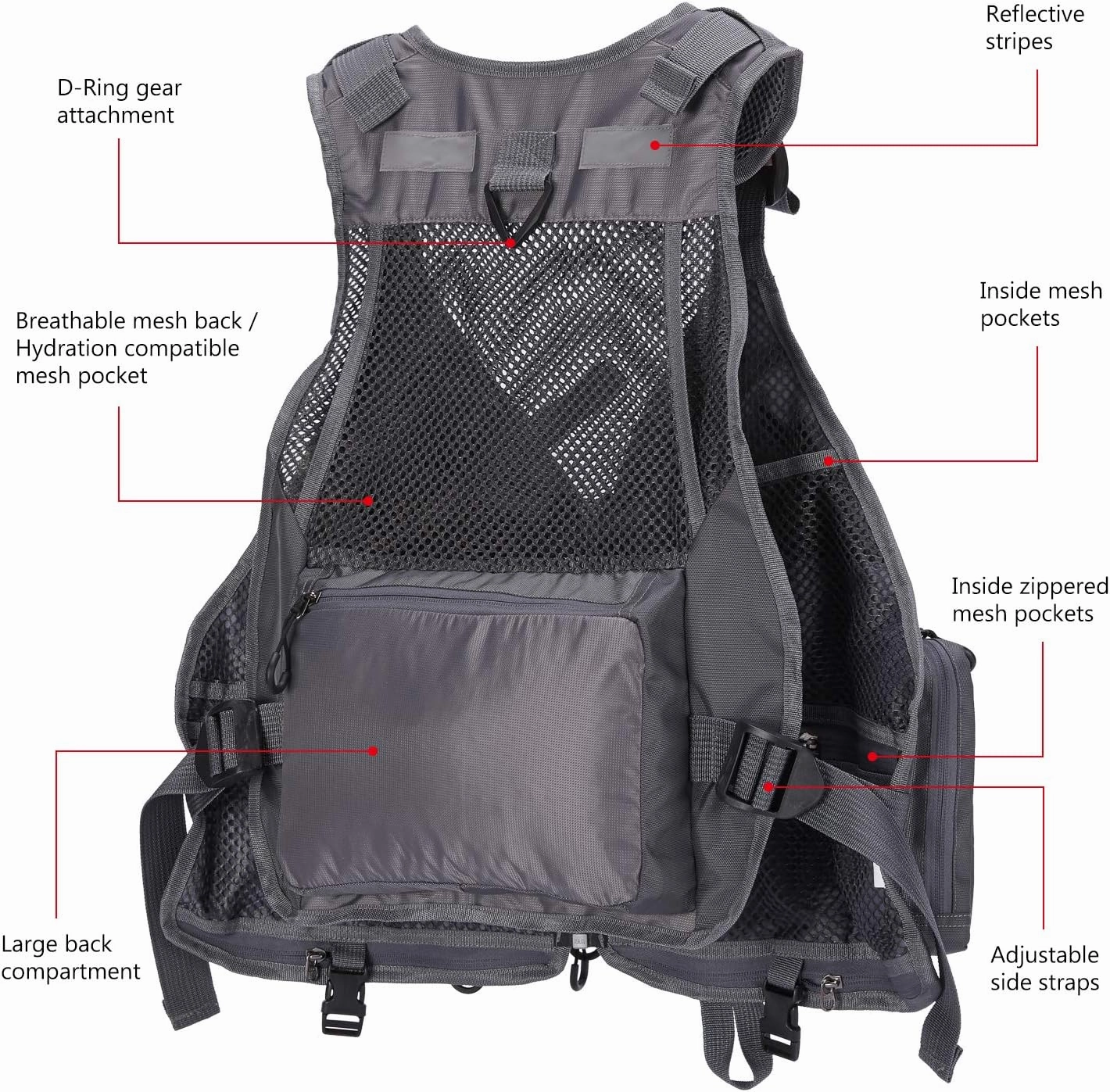 BASSDASH Fly Fishing Vest Multi Pocket Waistcoat Adjustable Size Gifts for Men Women