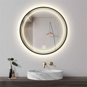 Bathroom Mirror, 3-Color Dimmable Round HD Makeup Mirror with Adjustable Brightness(Noir,80CM/32INCH-B)