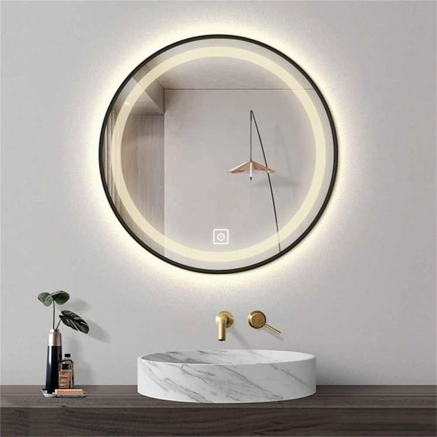 Bathroom Mirror, 3-Color Dimmable Round HD Makeup Mirror with Adjustable Brightness(Noir,80CM/32INCH-B)