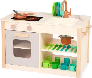 Battat – Play Kitchen & Market – Toddler-Friendly Size – Chalkboard Menu & Oven Dials – 25 Toy Cooking Accessories – 2 Years   – Two n' One Cookin' Fun