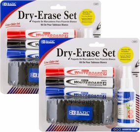 BAZIC Dry Erase Set, Marker   Board Eraser   Cleaner, Chisel Tip Markers Low Odor Marcador Pens, Whiteboard Pen, Office School Supplies, 2-Packs