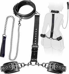 BDSM Bondage Sex Restraints Set Couples Sex Toys, Neck to Wrist Restraints Kit with Traction Chain Back Sex Handcuffs Collar Adjustable Bondage Gear Accessories SM Sexy Slave Beginner Role Play Toy