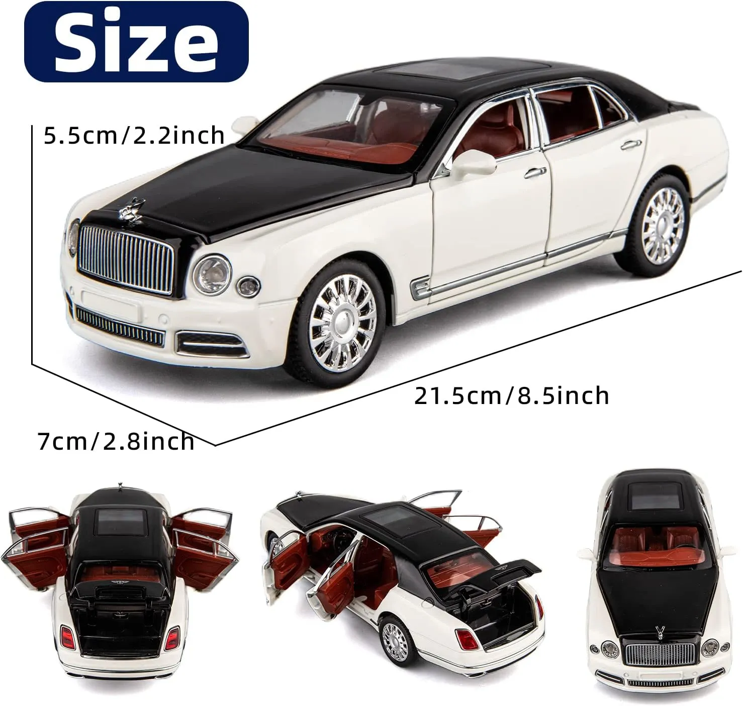BDTCTK Compatible for 1:24 Scale Bentley Mulsanne Diecast Cars Models, Pull Back Car Toys with 6 Open Doors, Light and Sound, Boys Toys Kids Adults Gifts (White)