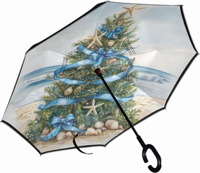 Beach Christmas Tree Inverted Reverse Umbrellas for Rain Double Layer Upside Down Stick Golf Umbrella Windproof with C Shape Handle for Adults Car Parties