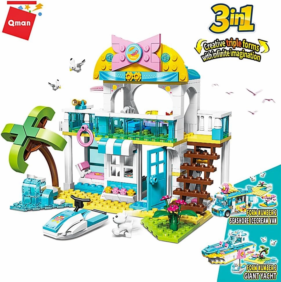 Beach House Building Block Set, 3 in 1 Friends Vacation Tour Toy Kit Includes Beachside Villa, Ice Cream Truck, Yacht Ideal Roleplay and Imaginative for Kids, Girls Aged 6  (316 Pieces)