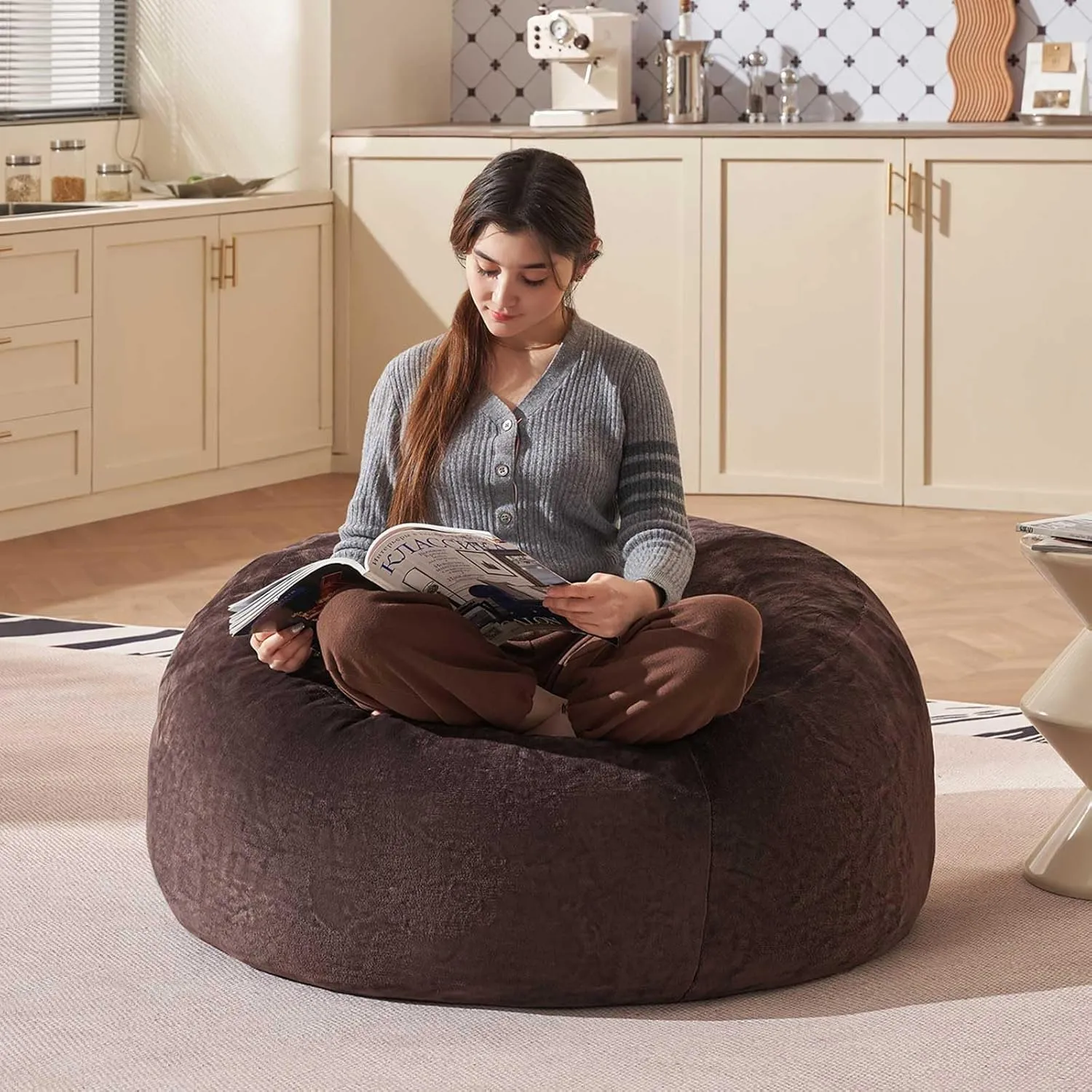 Bean Bag Chair 3Ft, Memory Foam Filled, Large Beanbag Chairs for Adults and Teens, Soft Sofa with Removable Flannel Cover, Round Couch for Living Room Bedroom College Dorm (Brown, 3FT-36×36"×24")