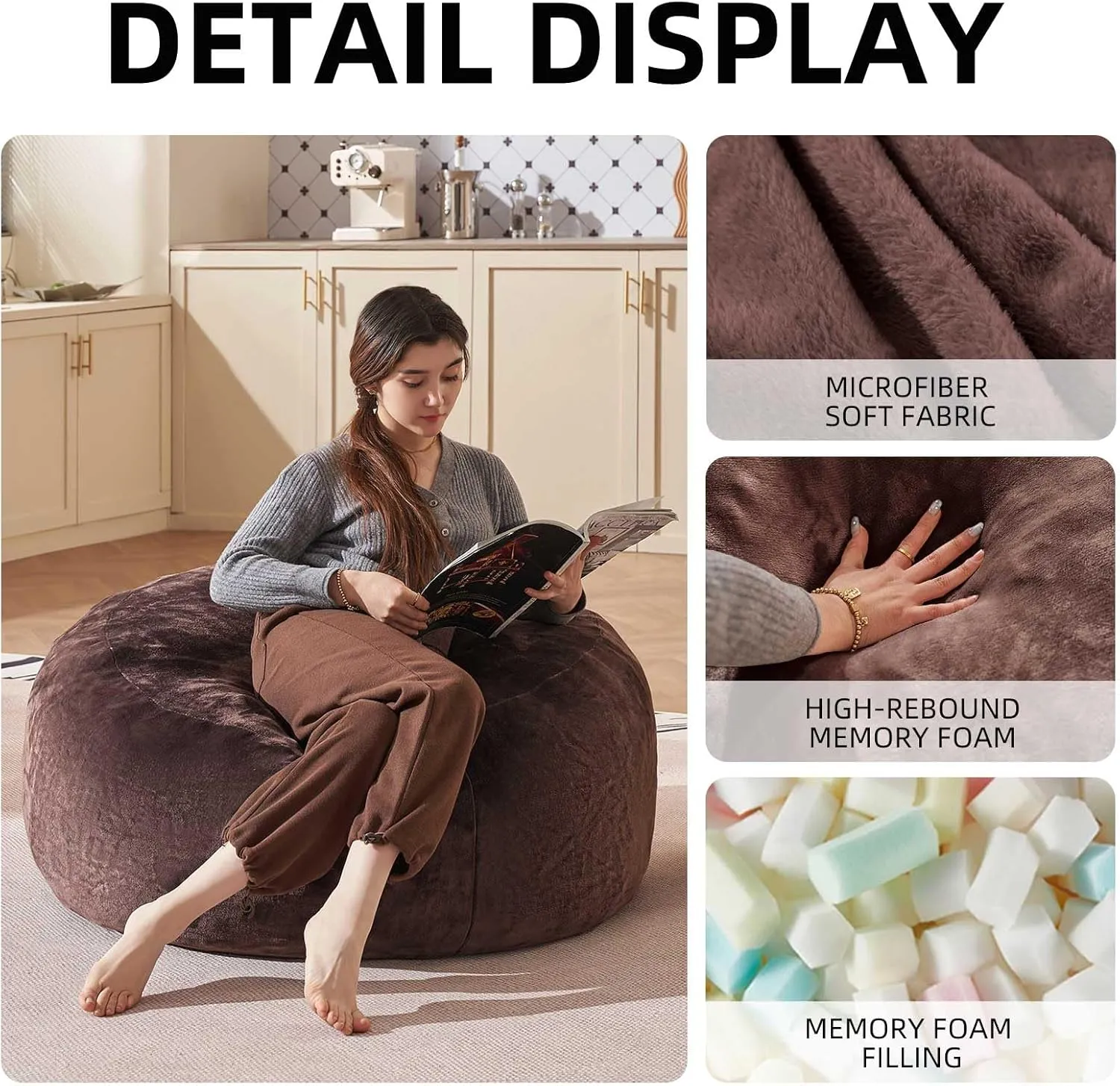 Bean Bag Chair 3Ft, Memory Foam Filled, Large Beanbag Chairs for Adults and Teens, Soft Sofa with Removable Flannel Cover, Round Couch for Living Room Bedroom College Dorm (Brown, 3FT-36×36"×24")