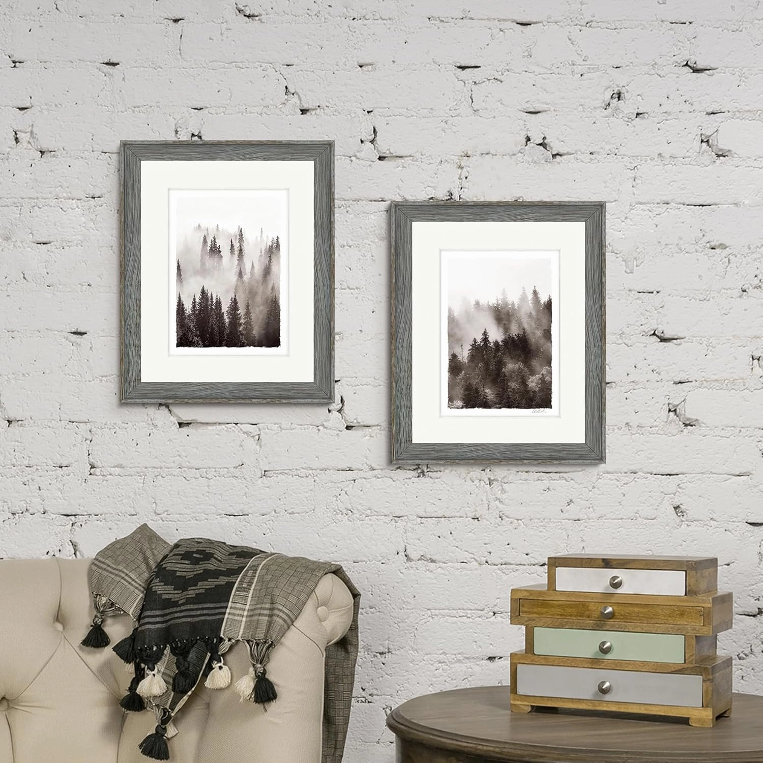 Bedroom Framed Tree Wall Art: Living Room Black and White Misty Forest Picture Small 2 Piece 8x10 Modern Bathroom Nature Landscape Mountain Artwork Vertical Home Pine Scenery Painting Print