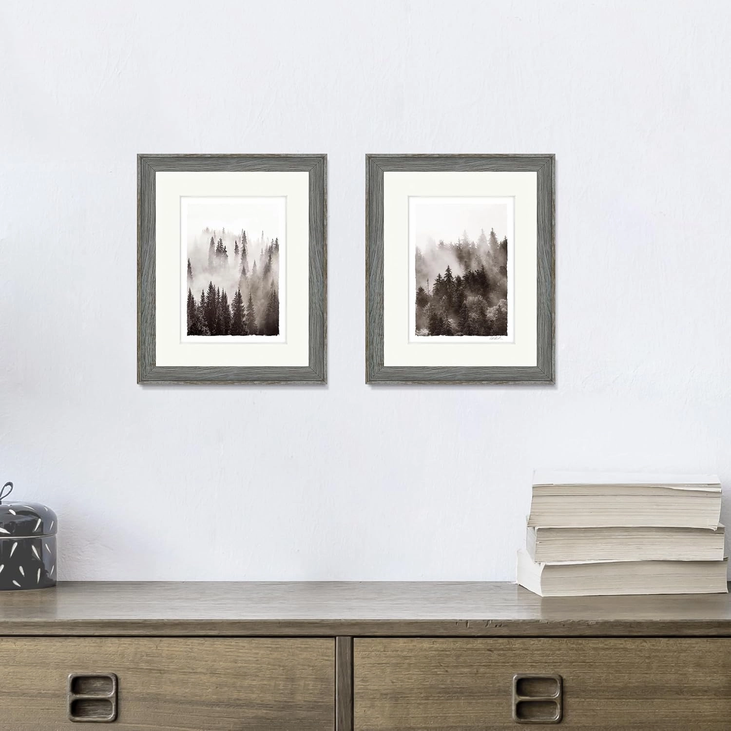 Bedroom Framed Tree Wall Art: Living Room Black and White Misty Forest Picture Small 2 Piece 8x10 Modern Bathroom Nature Landscape Mountain Artwork Vertical Home Pine Scenery Painting Print
