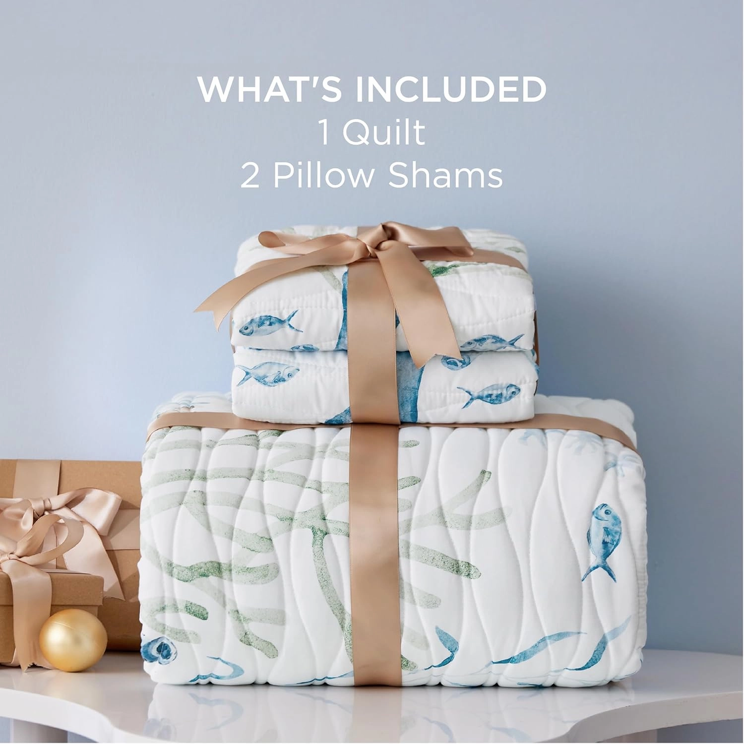 Bedsure Coastal Quilt Bedding Set - Queen Size Reversible Summer Beach Quilt Bedding Set, 3 Pieces Ocean Lightweight Bedspread, Coral Parttern Coverlet with 2 Pillow Shams for All Seasons (90"x96")