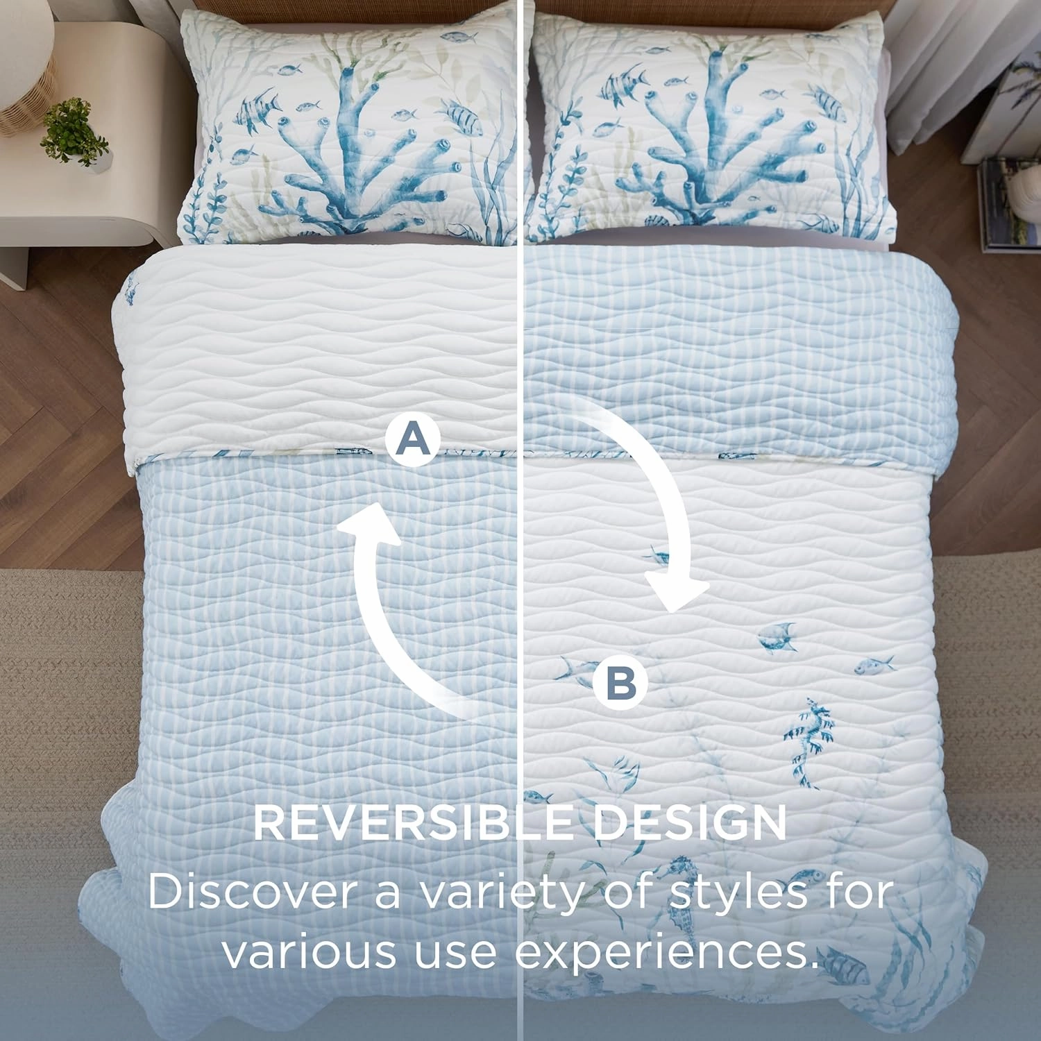 Bedsure Coastal Quilt Bedding Set - Queen Size Reversible Summer Beach Quilt Bedding Set, 3 Pieces Ocean Lightweight Bedspread, Coral Parttern Coverlet with 2 Pillow Shams for All Seasons (90"x96")