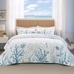 Bedsure Coastal Quilt Bedding Set - Queen Size Reversible Summer Beach Quilt Bedding Set, 3 Pieces Ocean Lightweight Bedspread, Coral Parttern Coverlet with 2 Pillow Shams for All Seasons (90"x96")