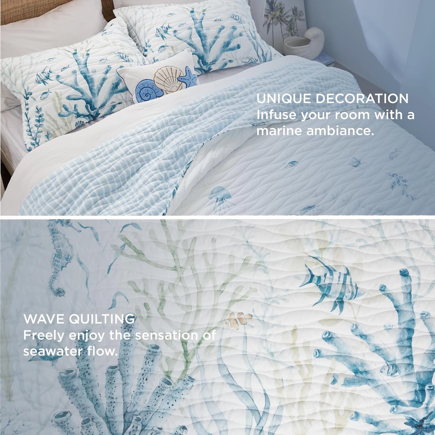 Bedsure Coastal Quilt Bedding Set - Queen Size Reversible Summer Beach Quilt Bedding Set, 3 Pieces Ocean Lightweight Bedspread, Coral Parttern Coverlet with 2 Pillow Shams for All Seasons (90"x96")