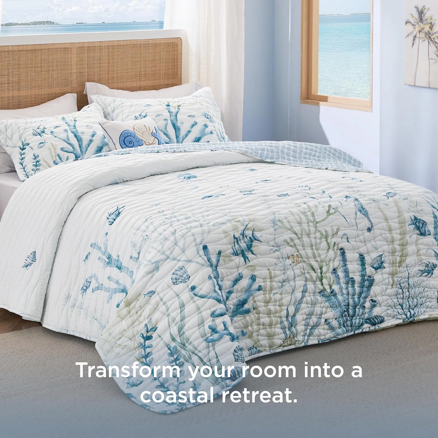 Bedsure Coastal Quilt Bedding Set - Queen Size Reversible Summer Beach Quilt Bedding Set, 3 Pieces Ocean Lightweight Bedspread, Coral Parttern Coverlet with 2 Pillow Shams for All Seasons (90"x96")