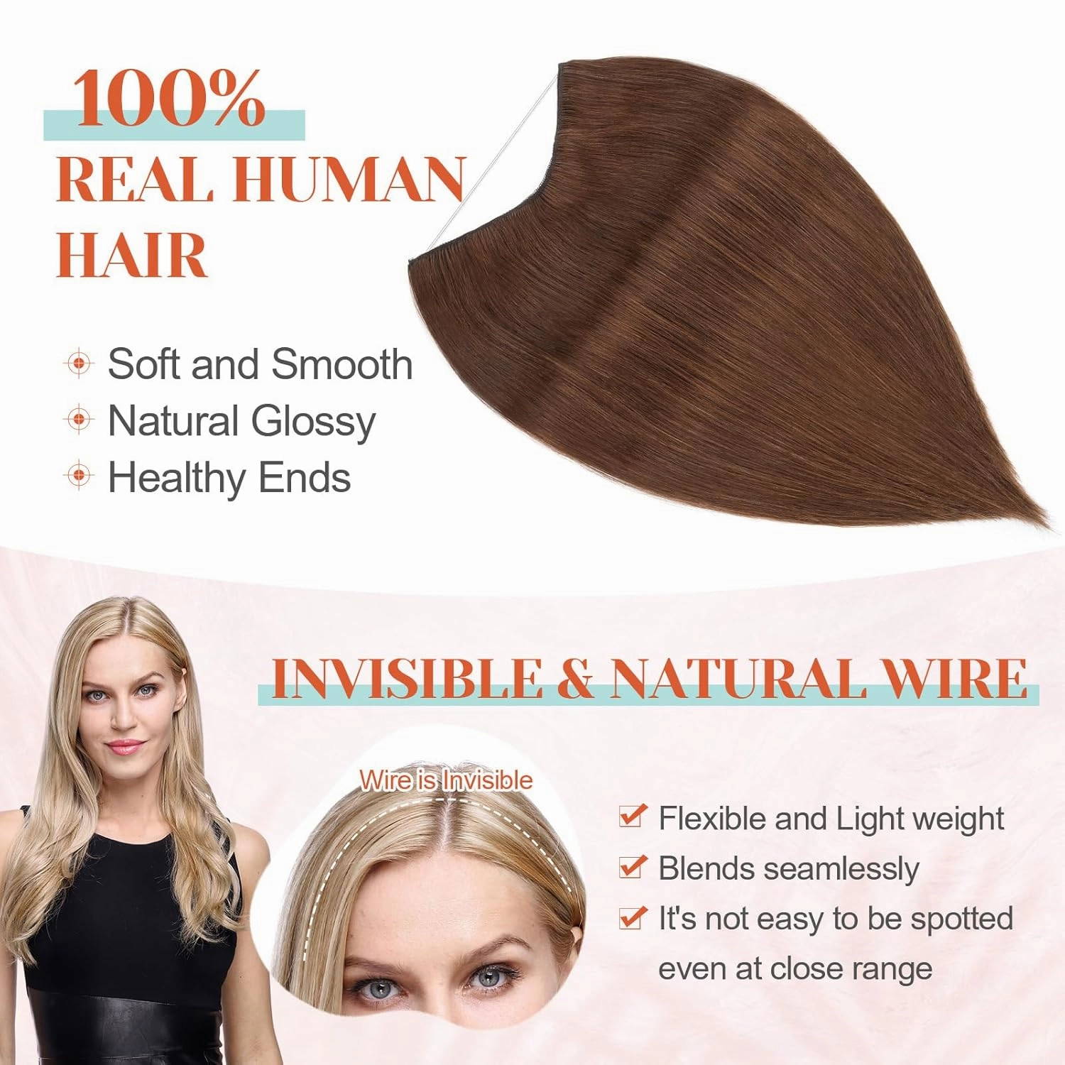 Benehair Halo Hair Extensions - 16 Inch Invisible Wire Remy Human Hair for Adding Volume - #04 Medium Brown