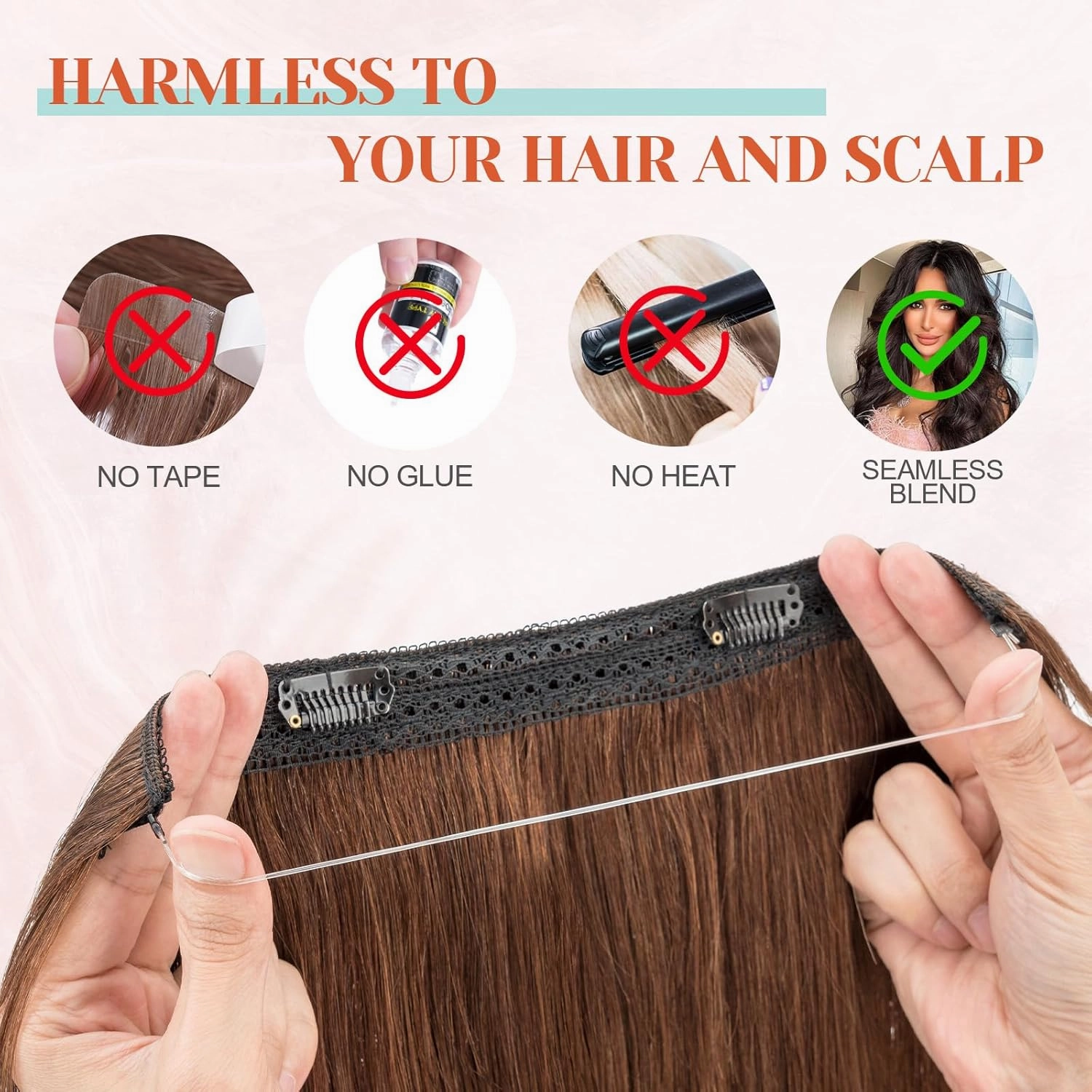 Benehair Halo Hair Extensions - 16 Inch Invisible Wire Remy Human Hair for Adding Volume - #04 Medium Brown