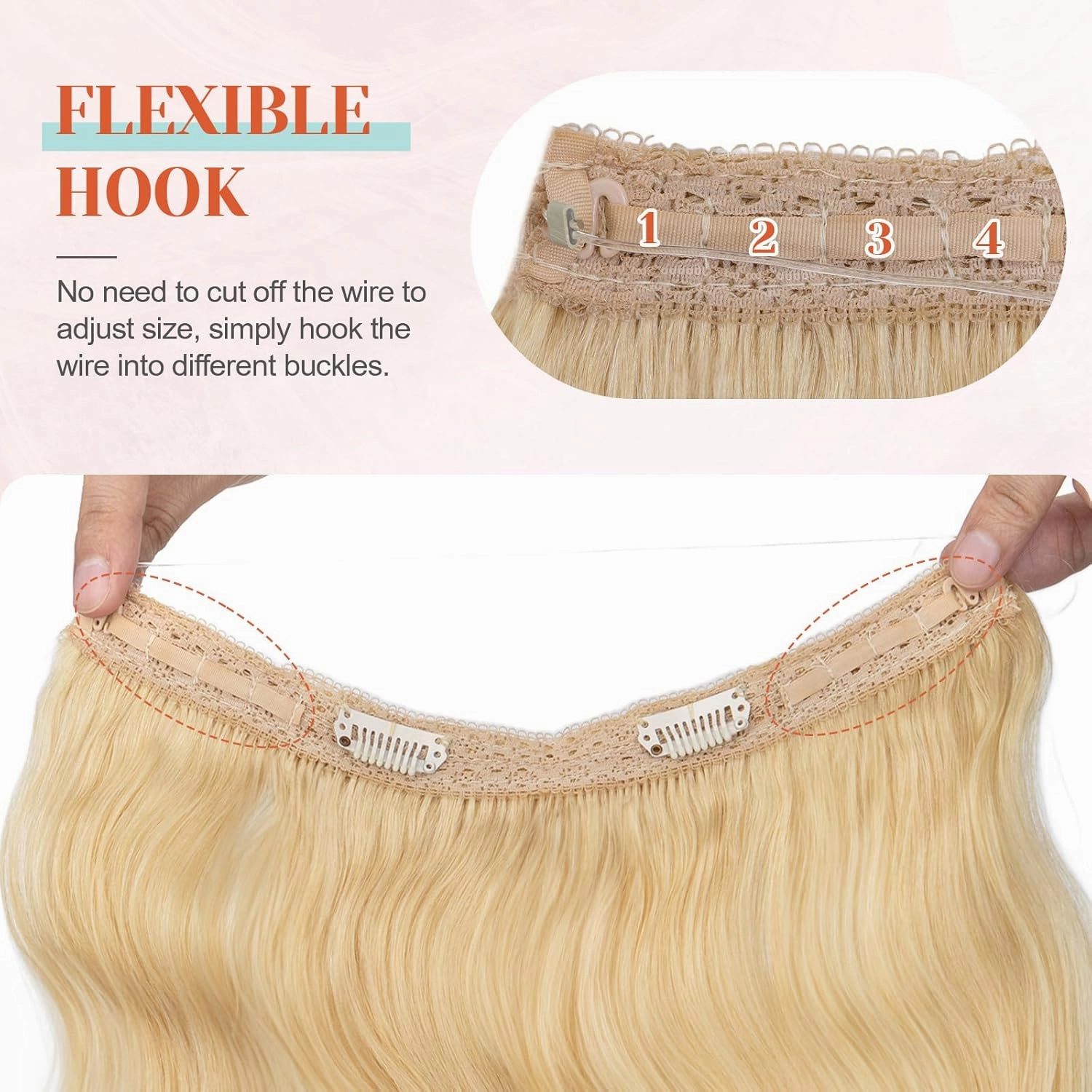 Benehair Halo Hair Extensions Real Human Hair, Blonde Halo Hair Extension 100% Human Hair, Wavy Halo Hair Extensions, Curly Hair Halo Extensions, Wire Hair Extension, Bleach Blonde 65g/16inch