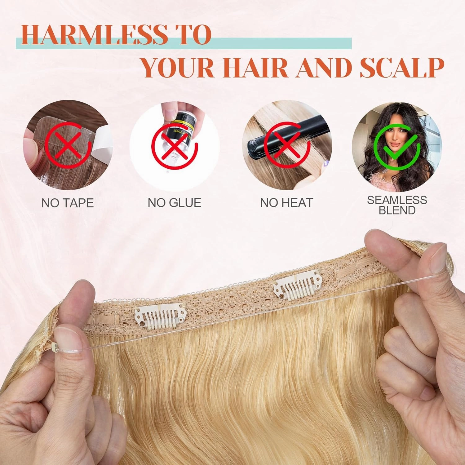 Benehair Halo Hair Extensions Real Human Hair, Blonde Halo Hair Extension 100% Human Hair, Wavy Halo Hair Extensions, Curly Hair Halo Extensions, Wire Hair Extension, Bleach Blonde 65g/16inch