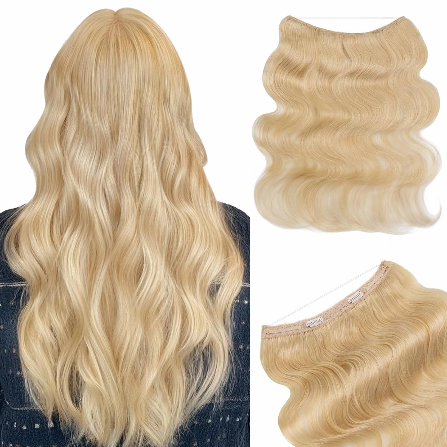 Benehair Halo Hair Extensions Real Human Hair, Blonde Halo Hair Extension 100% Human Hair, Wavy Halo Hair Extensions, Curly Hair Halo Extensions, Wire Hair Extension, Bleach Blonde 65g/16inch