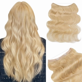 Benehair Halo Hair Extensions Real Human Hair, Blonde Halo Hair Extension 100% Human Hair, Wavy Halo Hair Extensions, Curly Hair Halo Extensions, Wire Hair Extension, Bleach Blonde 65g/16inch