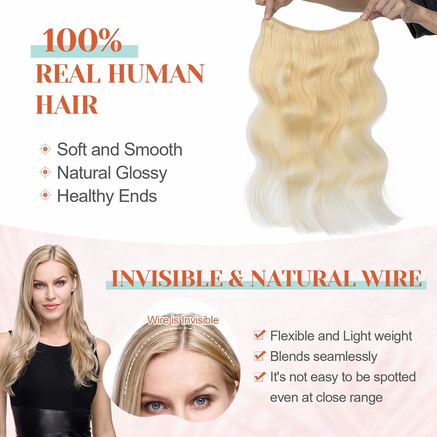 Benehair Halo Hair Extensions Real Human Hair, Blonde Halo Hair Extension 100% Human Hair, Wavy Halo Hair Extensions, Curly Hair Halo Extensions, Wire Hair Extension, Bleach Blonde 65g/16inch