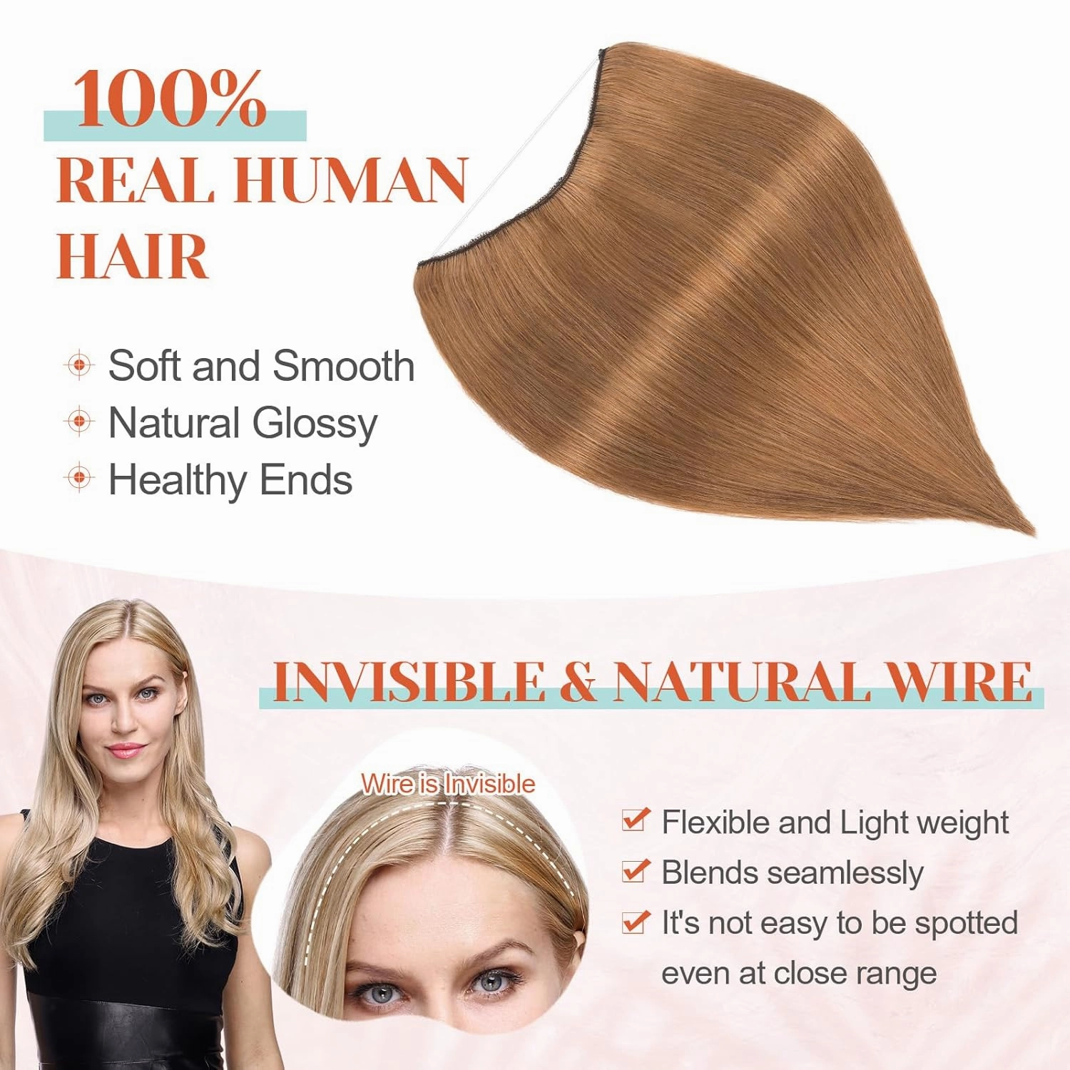 Benehair Miracle Wire Extension for Women Real Human Hair Hairpieces with Invisible Secret Fish Line Adjustable Wire Replacement Light Brown Hair Extension 20inch for Thinning Hair #6