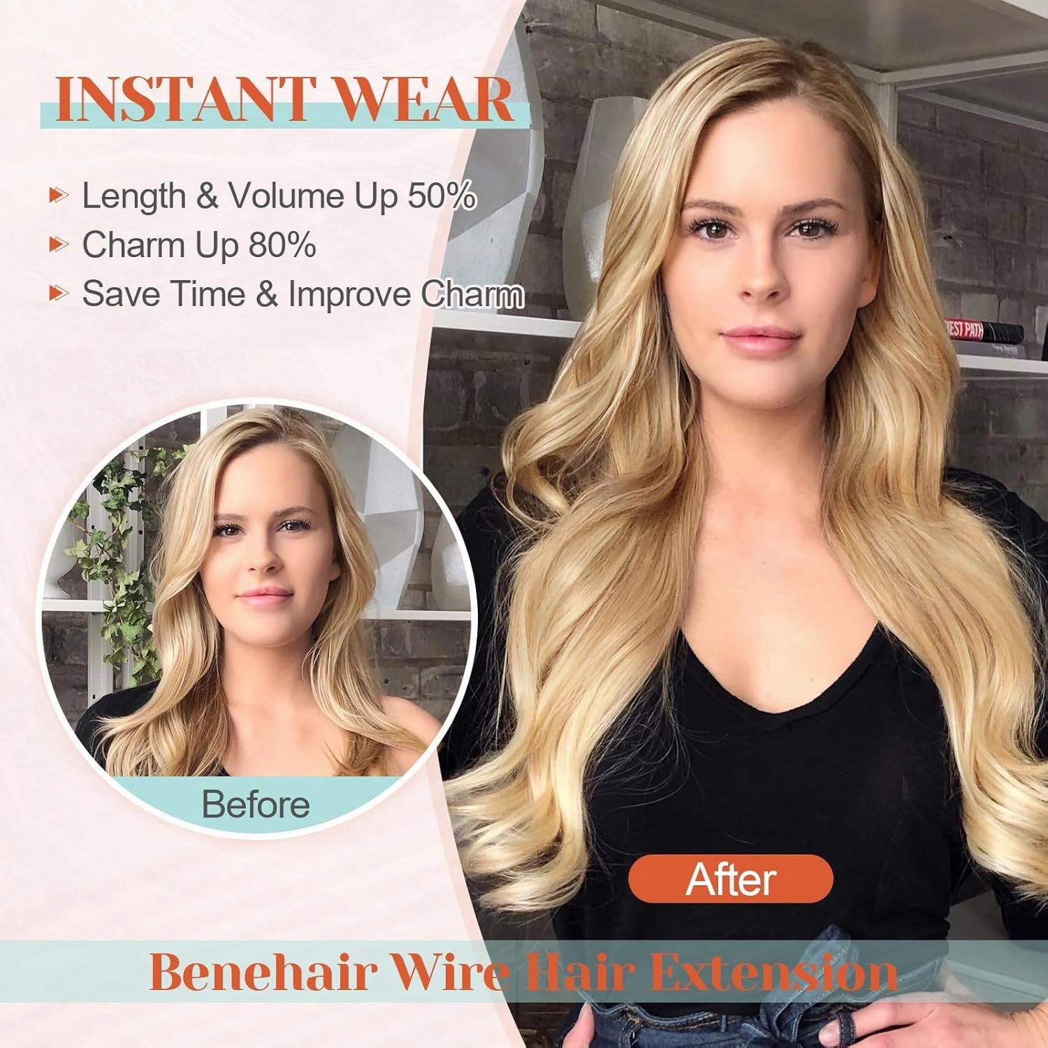Benehair Miracle Wire Extension for Women Real Human Hair Hairpieces with Invisible Secret Fish Line Adjustable Wire Replacement Light Brown Hair Extension 20inch for Thinning Hair #6