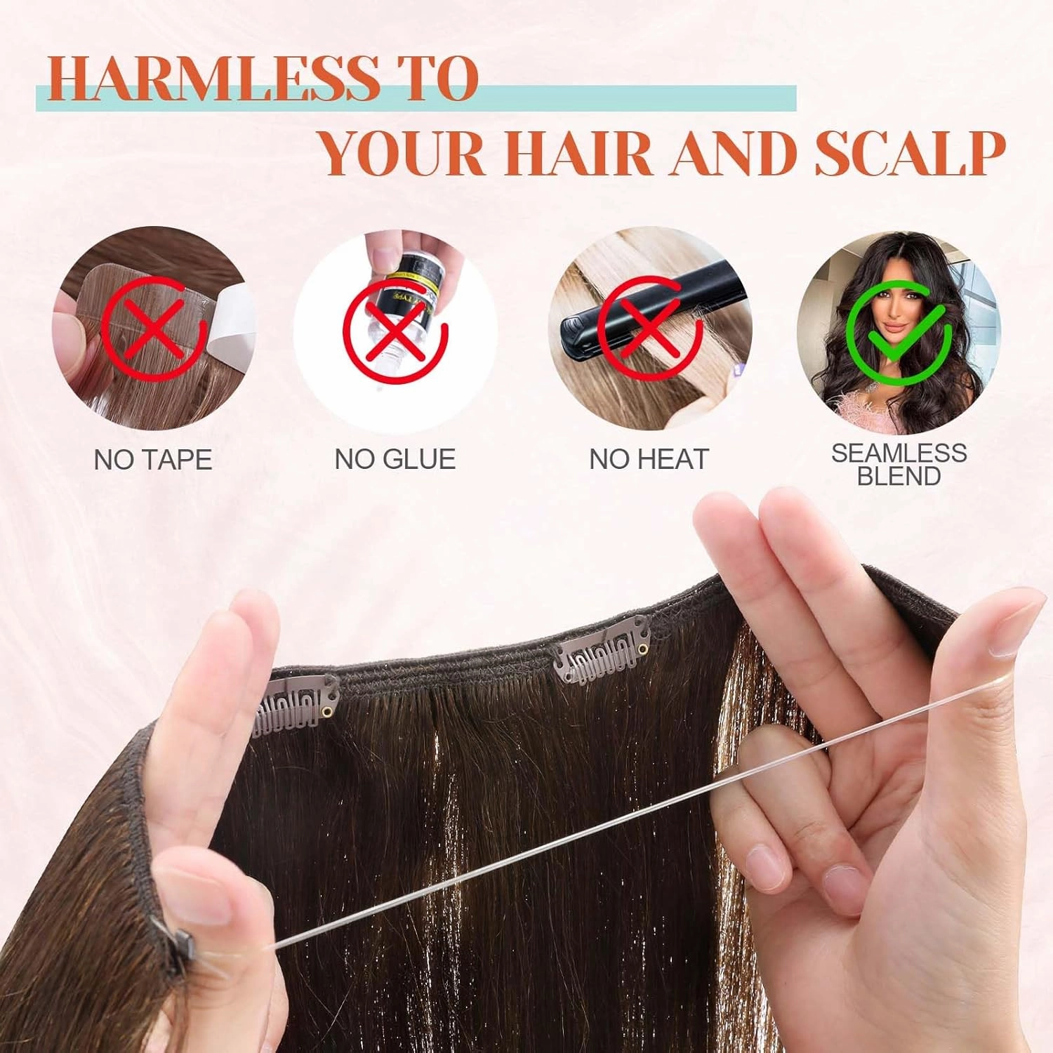 Benehair Miracle Wire Extension for Women Real Human Hair Hairpieces with Invisible Secret Fish Line Adjustable Wire Replacement Medium Brown Hair Extension 18inch for Thinning Hair #4