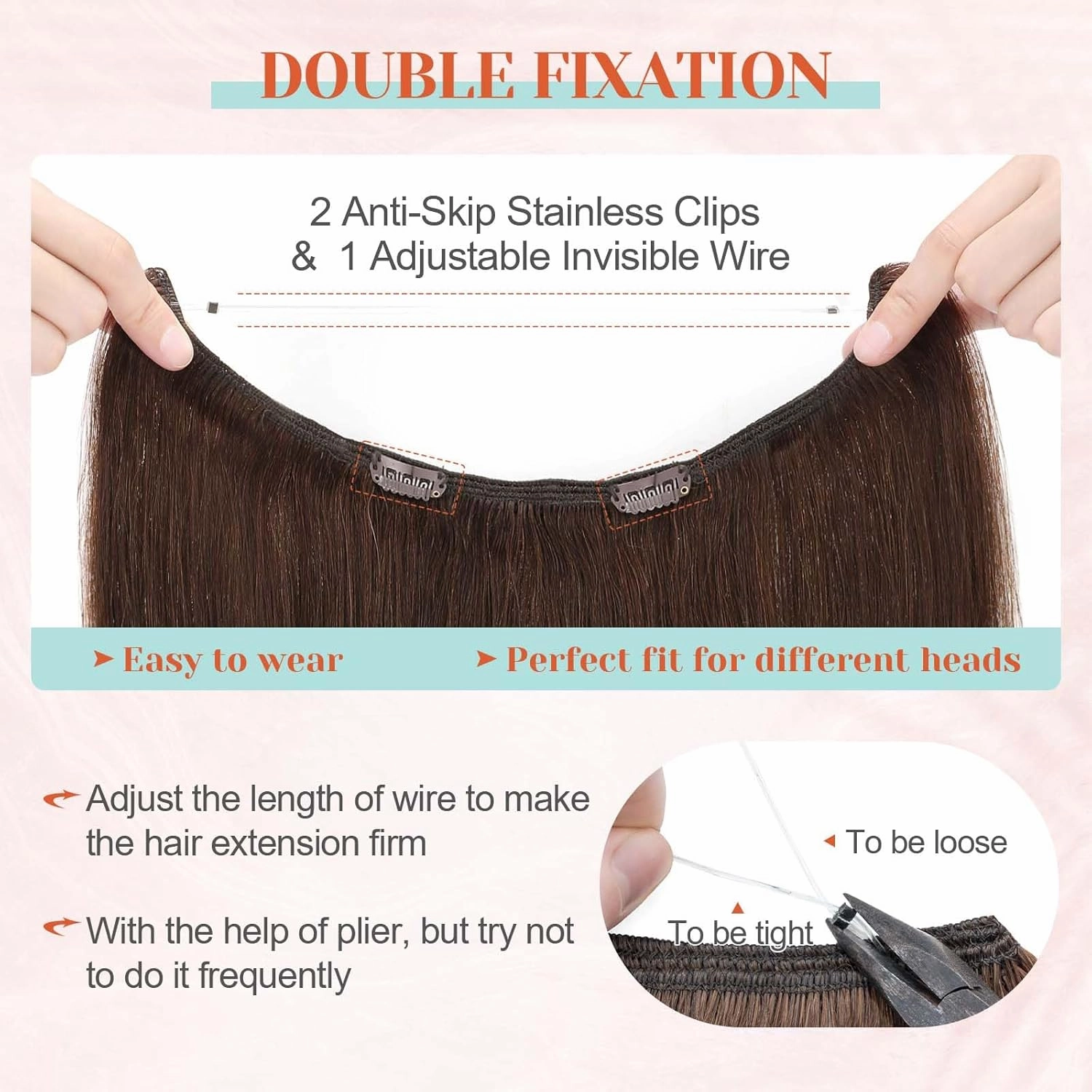 Benehair Miracle Wire Extension for Women Real Human Hair Hairpieces with Invisible Secret Fish Line Adjustable Wire Replacement Medium Brown Hair Extension 18inch for Thinning Hair #4