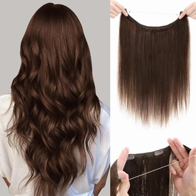 Benehair Miracle Wire Extension for Women Real Human Hair Hairpieces with Invisible Secret Fish Line Adjustable Wire Replacement Medium Brown Hair Extension 18inch for Thinning Hair #4