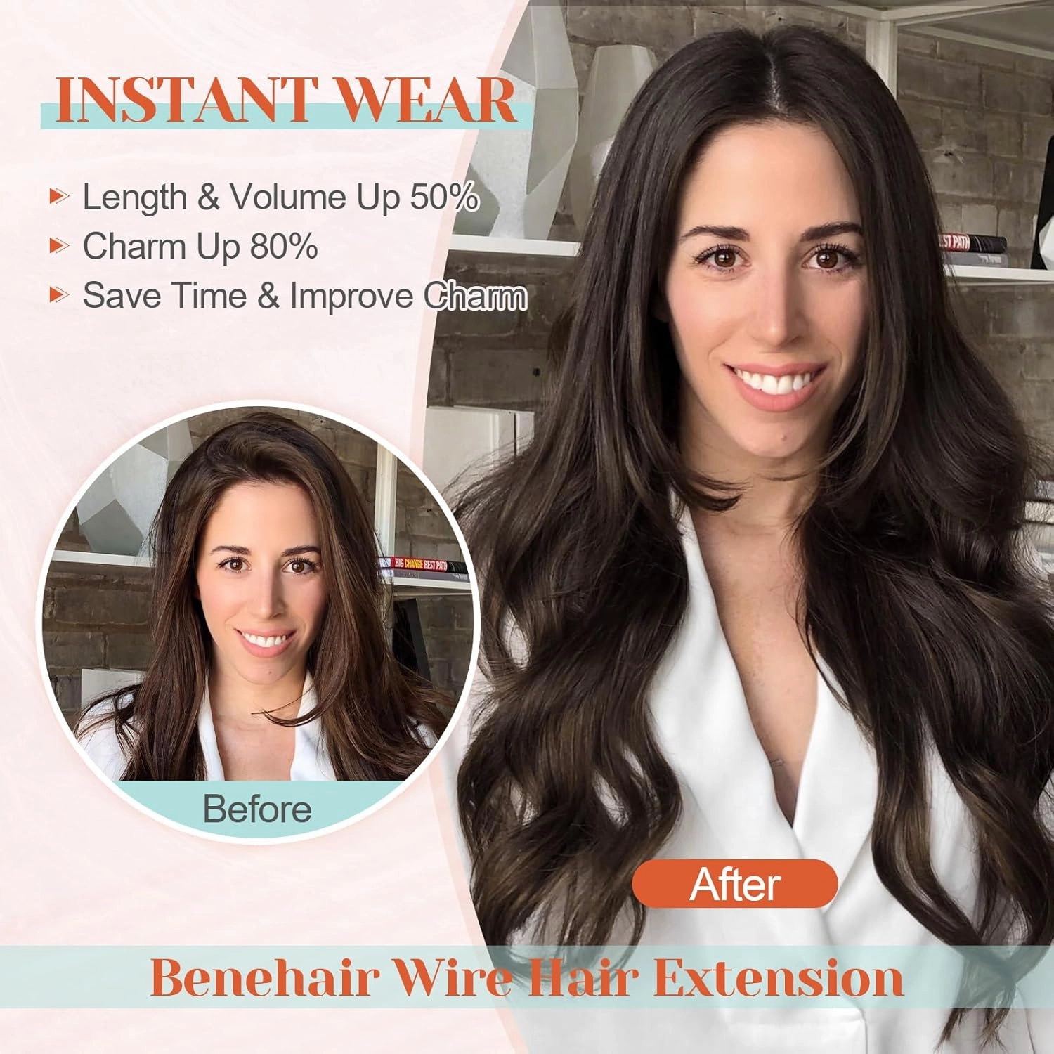 Benehair Miracle Wire Extension for Women Real Human Hair Hairpieces with Invisible Secret Fish Line Adjustable Wire Replacement Medium Brown Hair Extension 18inch for Thinning Hair #4