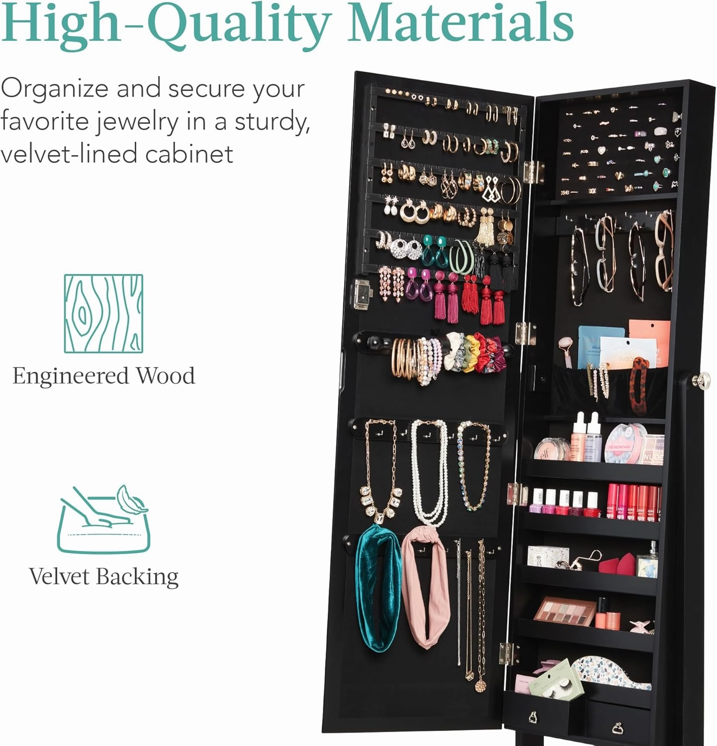 Best Choice Products Freestanding Jewelry Armoire Cabinet, Full Length Standing Mirror, Lockable Makeup Storage Organizer, w/Velvet Lining, 3 Angles, Lock, Accessory Pouch, 5 Shelves - Black