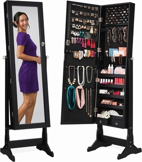 Best Choice Products Freestanding Jewelry Armoire Cabinet, Full Length Standing Mirror, Lockable Makeup Storage Organizer, w/Velvet Lining, 3 Angles, Lock, Accessory Pouch, 5 Shelves - Black