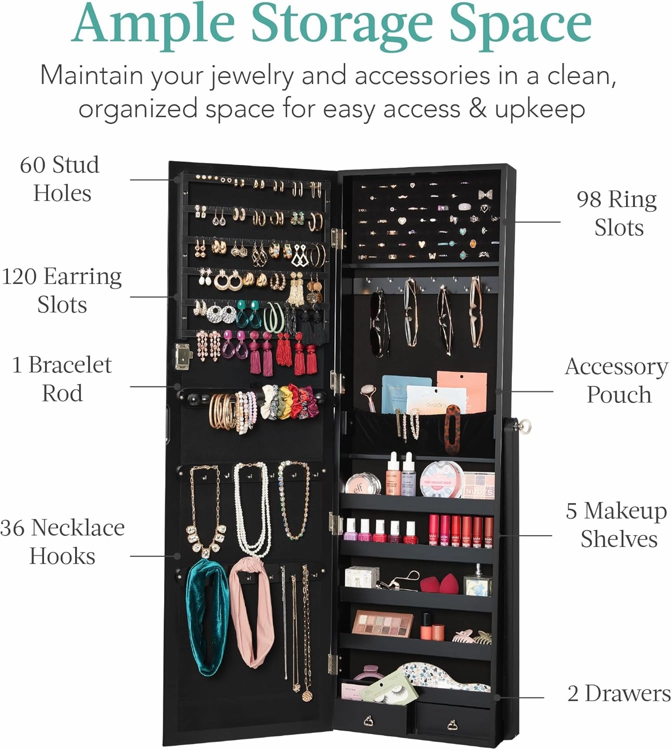 Best Choice Products Freestanding Jewelry Armoire Cabinet, Full Length Standing Mirror, Lockable Makeup Storage Organizer, w/Velvet Lining, 3 Angles, Lock, Accessory Pouch, 5 Shelves - Black