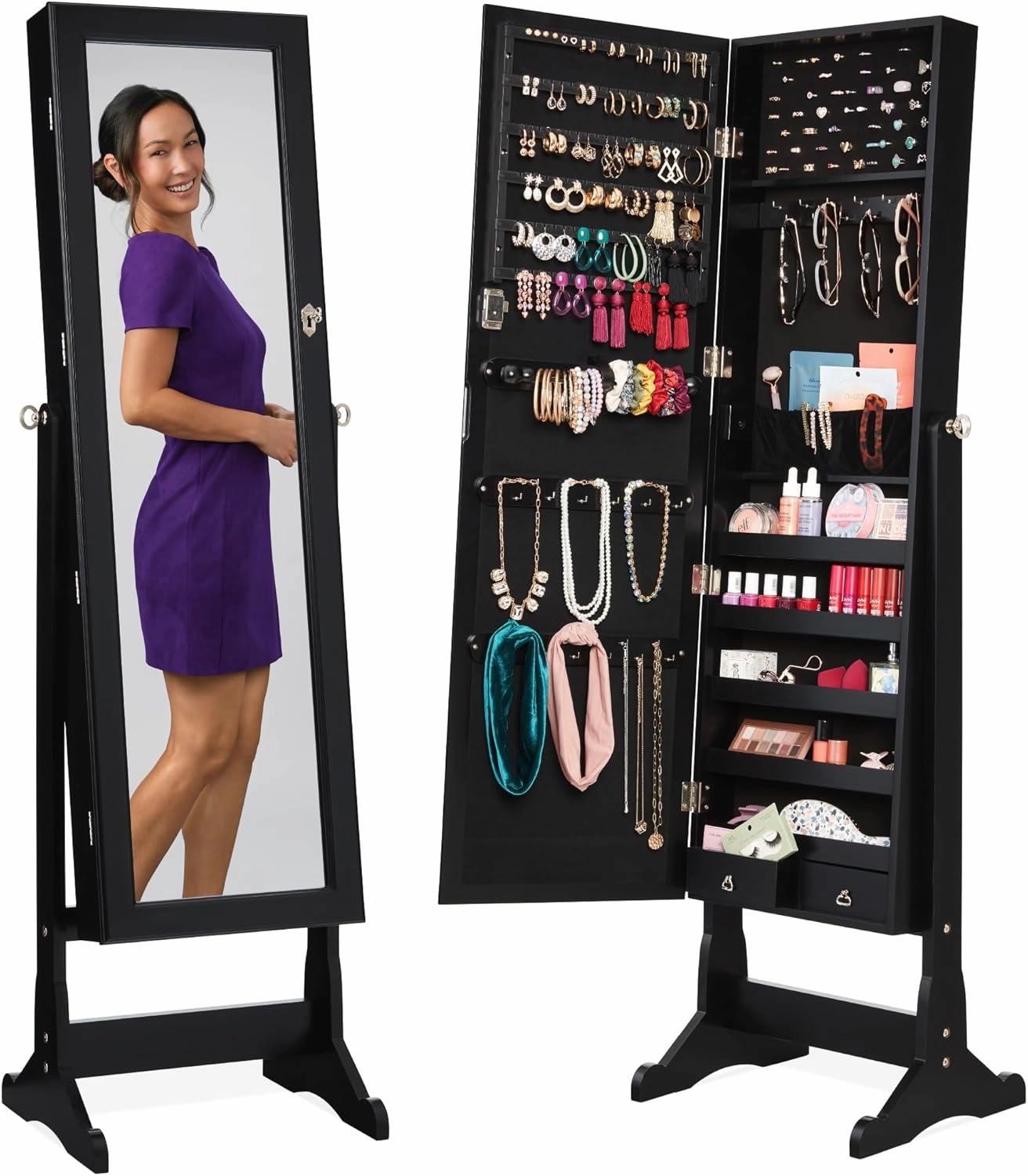 Best Choice Products Freestanding Jewelry Armoire Cabinet, Full Length Standing Mirror, Lockable Makeup Storage Organizer, w/Velvet Lining, 3 Angles, Lock, Accessory Pouch, 5 Shelves - Black