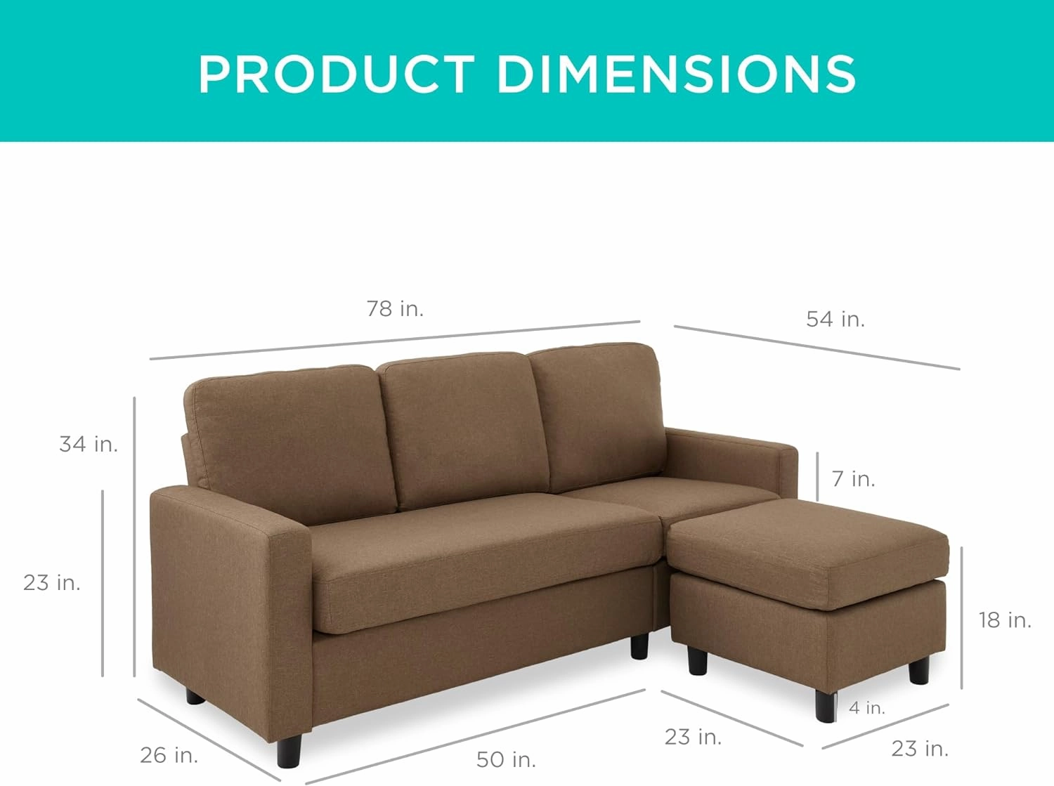 Best Choice Products Upholstered Sectional Sofa for Home, Apartment, Dorm, Bonus Room, Compact Spaces w/Chaise Lounge, 3-Seat, L-Shape Design, Reversible Ottoman Bench, 680lb Capacity - Brown