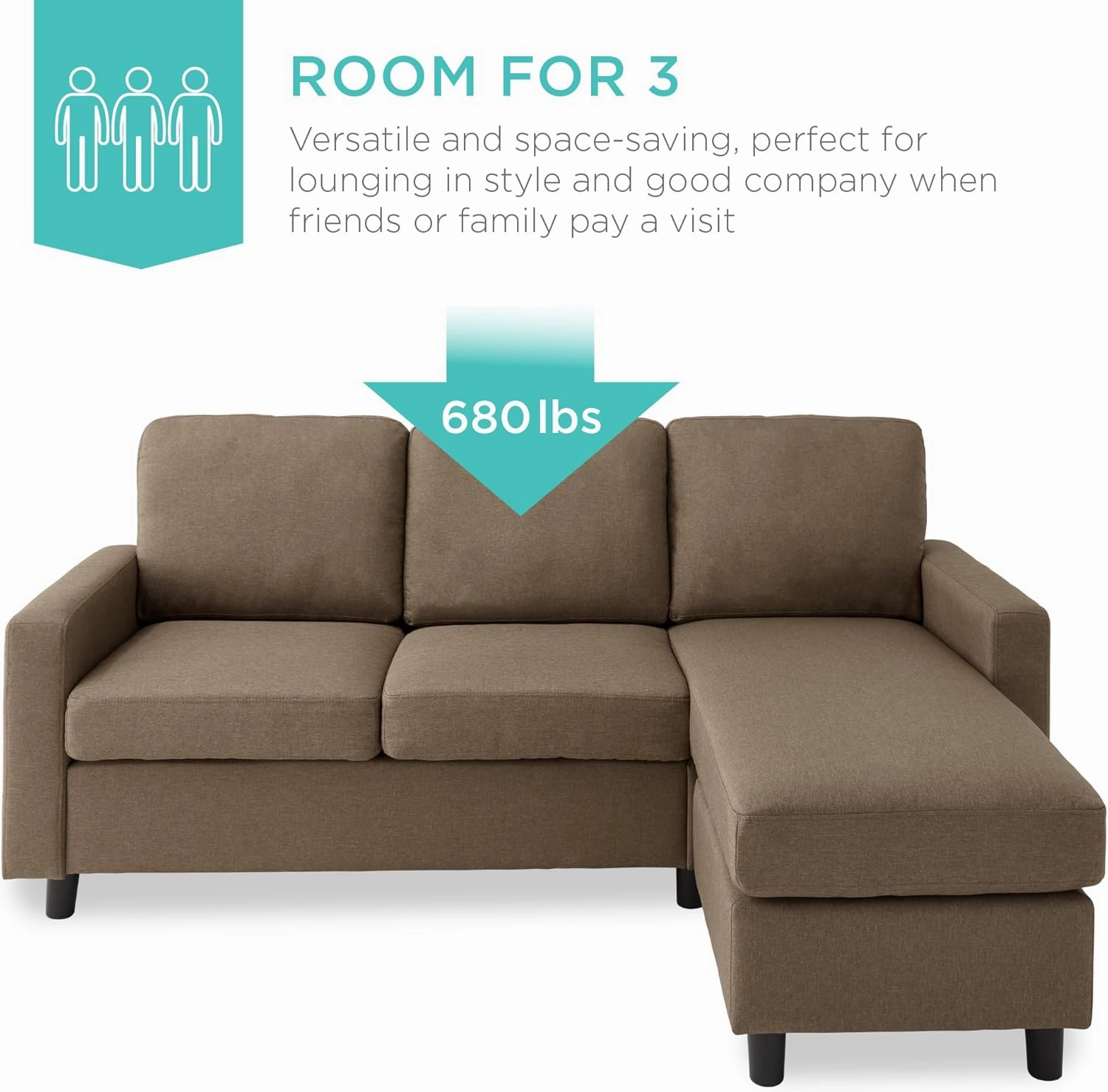 Best Choice Products Upholstered Sectional Sofa for Home, Apartment, Dorm, Bonus Room, Compact Spaces w/Chaise Lounge, 3-Seat, L-Shape Design, Reversible Ottoman Bench, 680lb Capacity - Brown