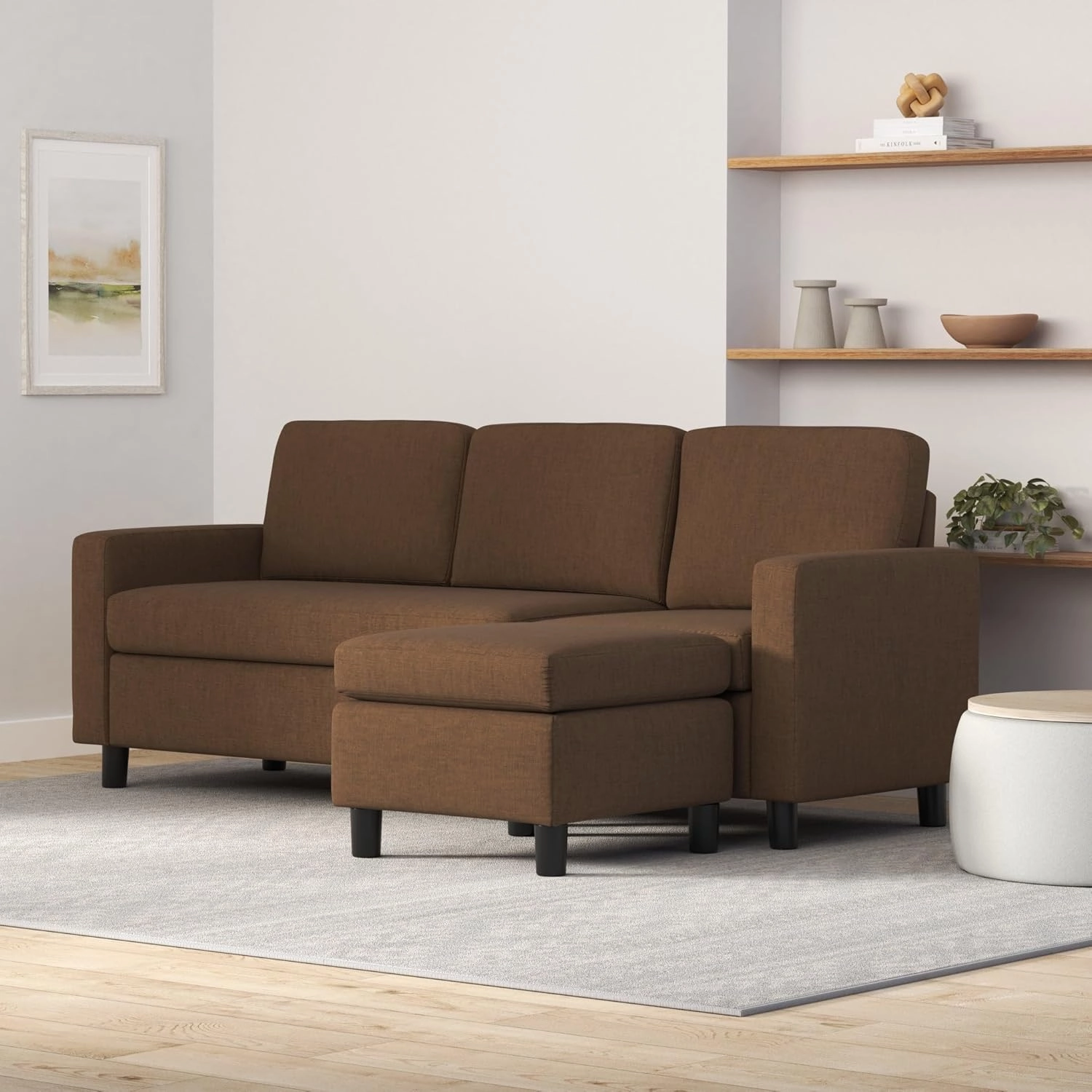Best Choice Products Upholstered Sectional Sofa for Home, Apartment, Dorm, Bonus Room, Compact Spaces w/Chaise Lounge, 3-Seat, L-Shape Design, Reversible Ottoman Bench, 680lb Capacity - Brown