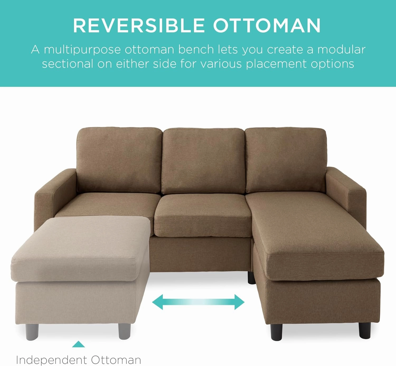 Best Choice Products Upholstered Sectional Sofa for Home, Apartment, Dorm, Bonus Room, Compact Spaces w/Chaise Lounge, 3-Seat, L-Shape Design, Reversible Ottoman Bench, 680lb Capacity - Brown