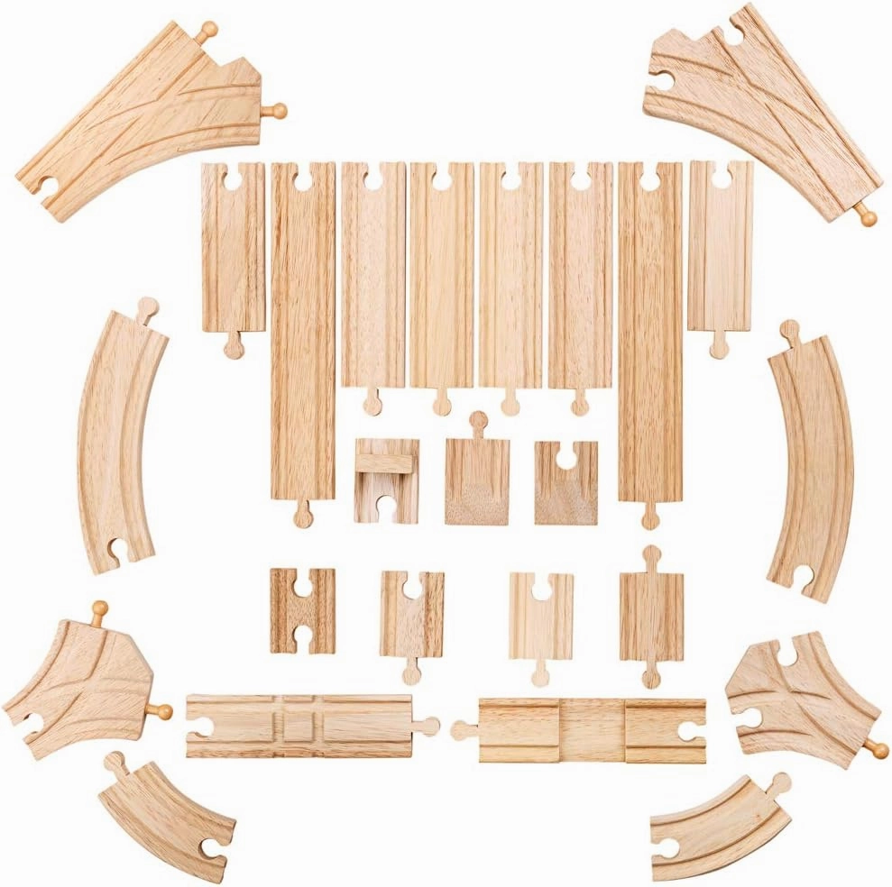 Bigjigs Rail Low Level Train Track Expansion Pack - 25pc Wooden Train Track for Train Sets , Quality Bigjigs Train Accessories , Compatible with most major Wooden Railway Brands